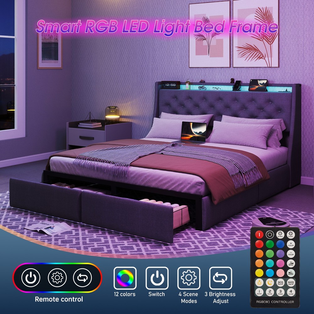 Full Size Bed Frame with Storage Headboard, RGB LED Light & USB Charging Station