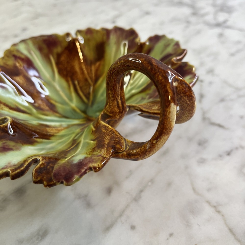 Vintage Maple Leaf Dish Green Brown Ceramic Double Loop Handle MCM