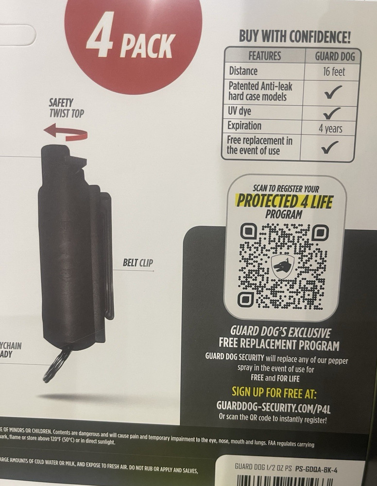 Guard Dog Security Pepper Spray 4 Pack 0.5oz Keychain 16ft Range - NEW
