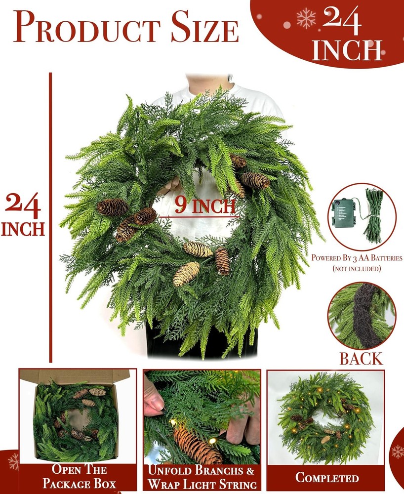 24 Inch Large Christmas Wreath with 50 LEDs Lights Timer 8 Modes, Thick & Sof...