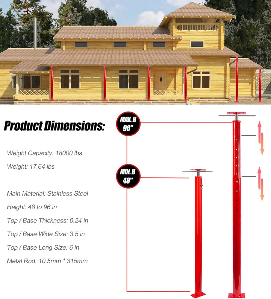 2 Pack House Jack Post Pole for Leveling, 48"-96" Adjustable House Floor Jacks,