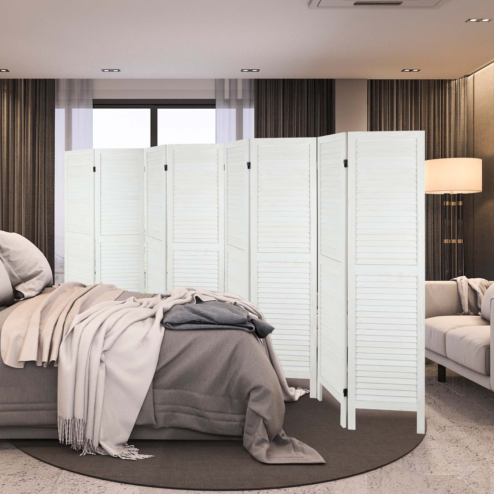 8 Panel Wood Room Divider Folding Privacy Screen Louvered Partition Wall White