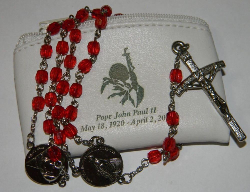 Red rosary Pope John Paul II canonization Jesus Immaculate Conception with case