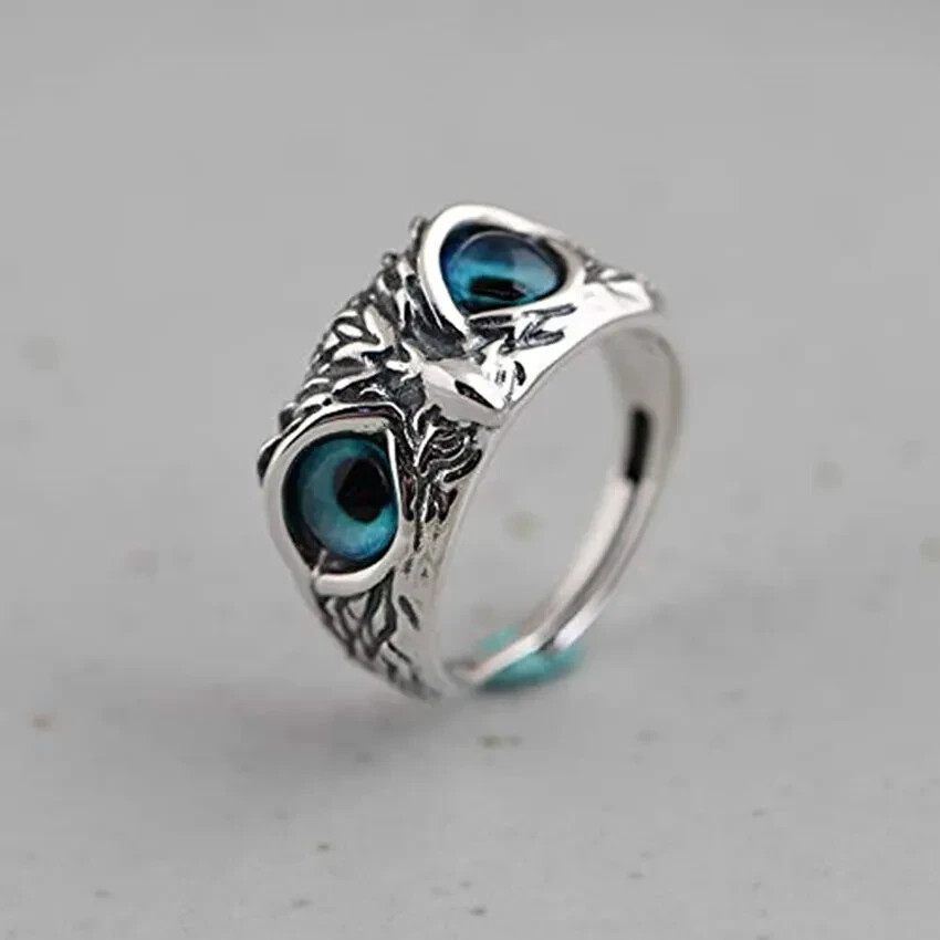 Cute Owl Blue Eye Silver Ring, Adjustable Size, Bird, Fun
