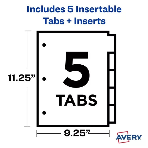 3 sets Avery 81828 big tab 2 pocket insertable plastic dividers 5 tab multicolor