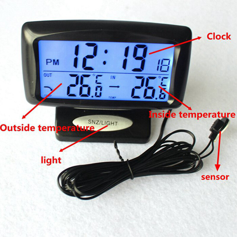 Car Vehicle Thermometer Meter Electronic Clock Inside Outside Temperature Gauge