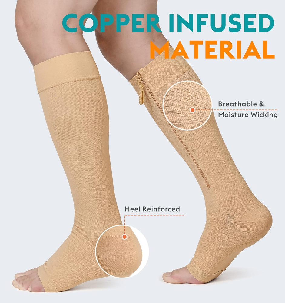 Copper Compression Socks for Varicose Veins & Lymphedema, Zipper Compression Soc