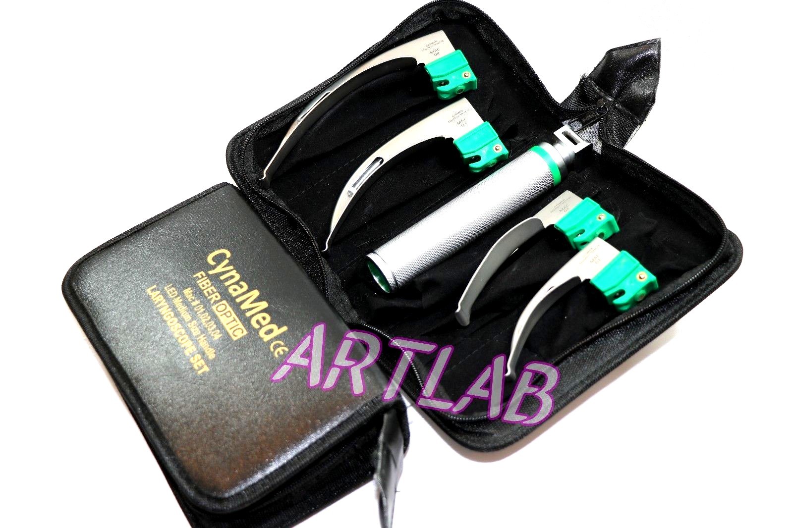 FIBER-OPTIC LARYNGOSCOPE SET OF 4 INTUBATION BLADES 1,2,3,4 + MEDIUM HANDLE
