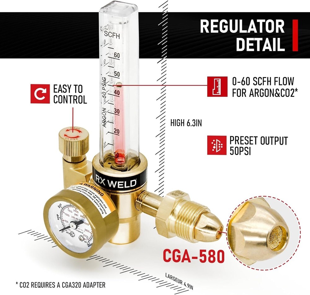 Versatile Argon/CO2 Gas Regulator with Adjustable Flow Rate – High-Quality Brass
