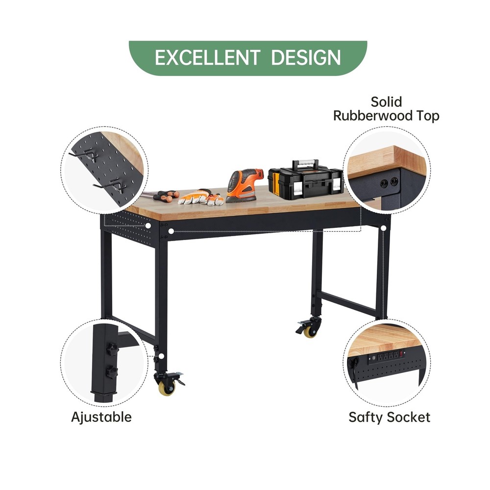 48" Adjustable Height Workbench, Rubber Wood Tabletop Work Table with Wheels,...