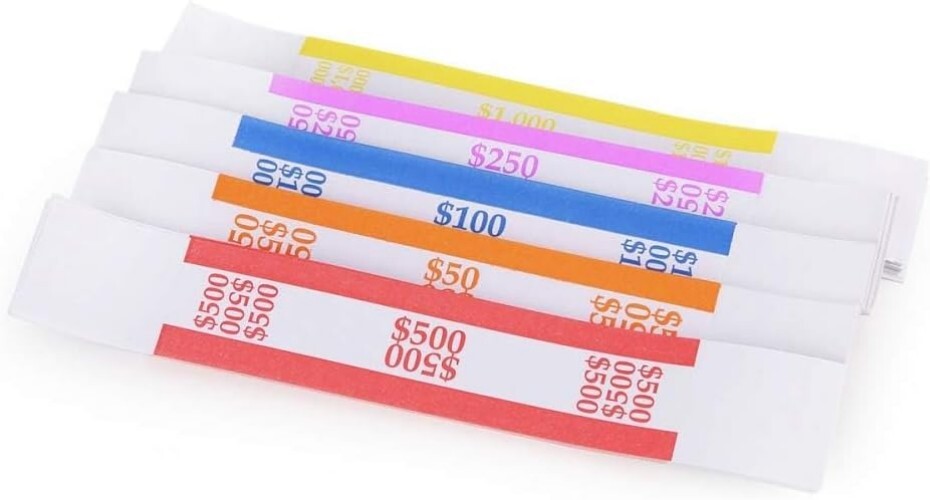 250 Count Durable Self-Adhesive Money Straps - Quick Denomination Identification