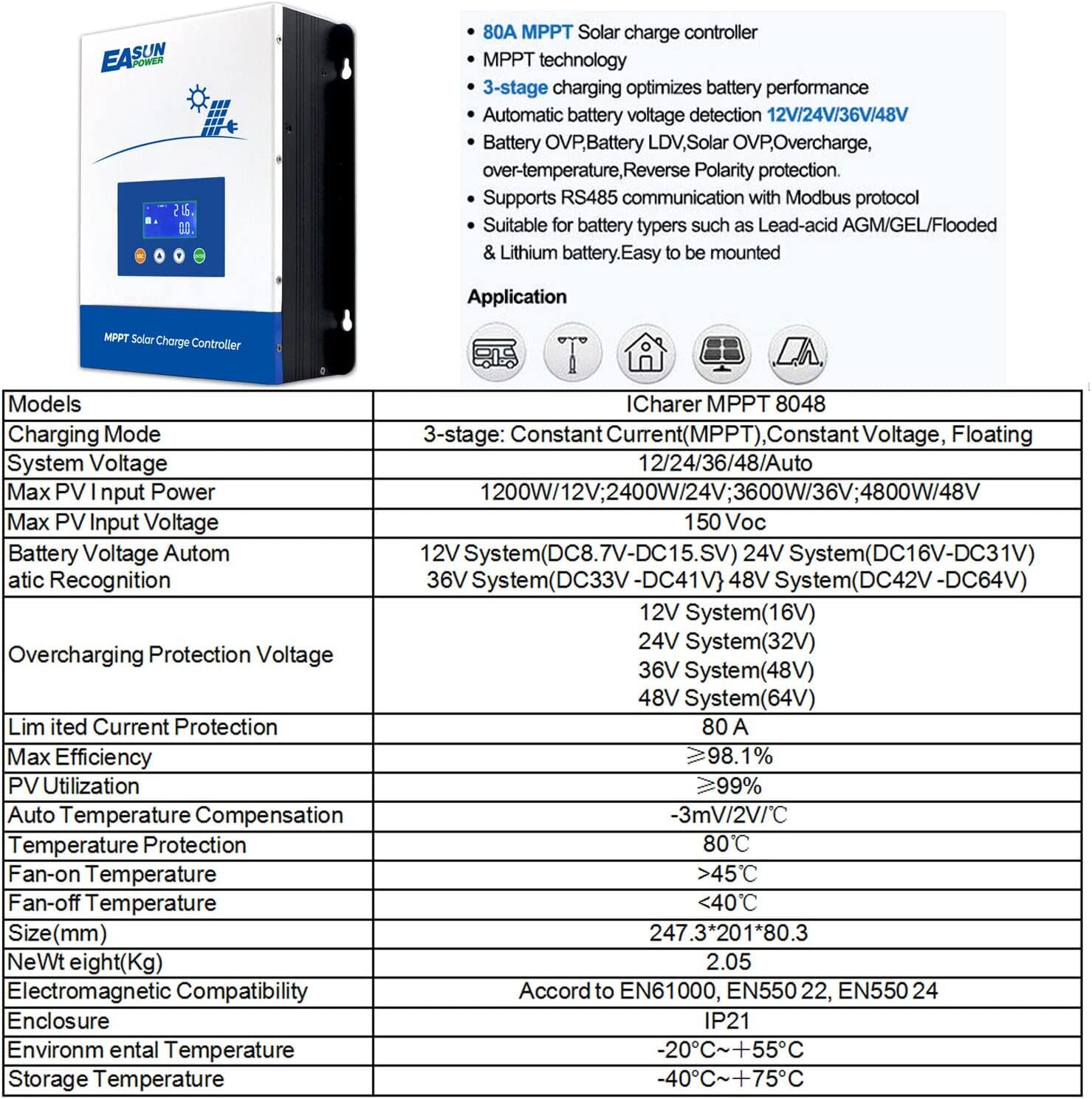 MPPT 80A Solar Panel Charge Controller 12V 24V 36V 48V DC Battery Regulator LCD