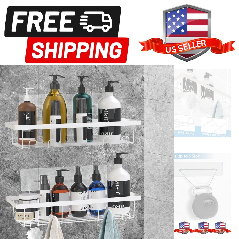 2 Pack Adhesive White Shower Caddy Organizer with Hooks, Rustproof No Drillin...