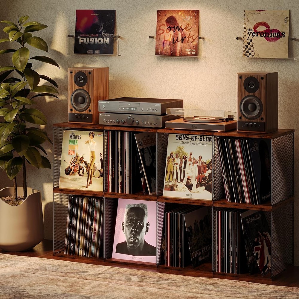 3 Cube Vinyl Record Storage DIY Stackable 120-150 Records 3 Cube, Black Brown