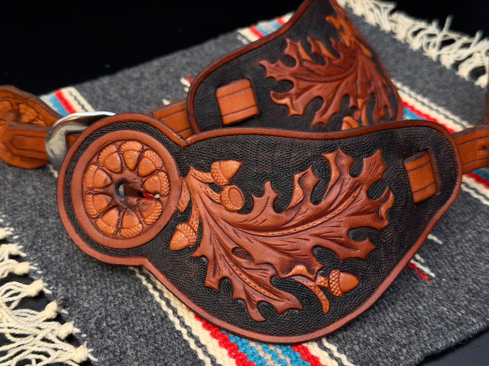 BEAUTIFUL “L S Horseshoe” Marked Fall Leaf & Acorn Motif Leather Spur Straps