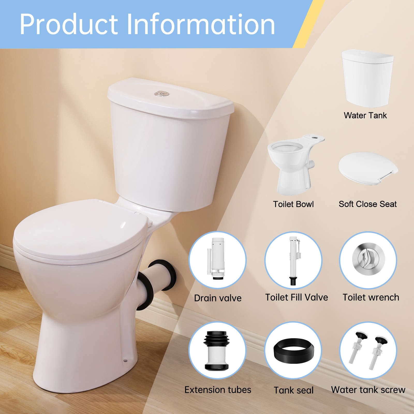 19 Inch Tall Toilet Rear Discharge Toilet with Dual Flush 1/1.6GPF for Seniors