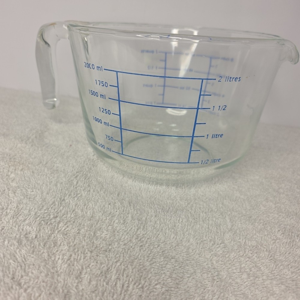 Vintage Large 2 Quart Measuring Pitcher Clear  Blue Writing