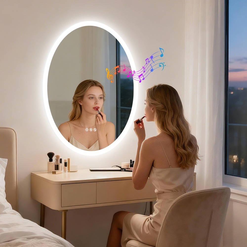 Oval LED Bathroom Bluetooth Mirror Touch Antifog Memory 3 Color Light Adjustable
