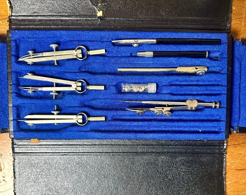 Vtg Drafting Tool Set Engineering Instruments In Black Case Incomplete Set