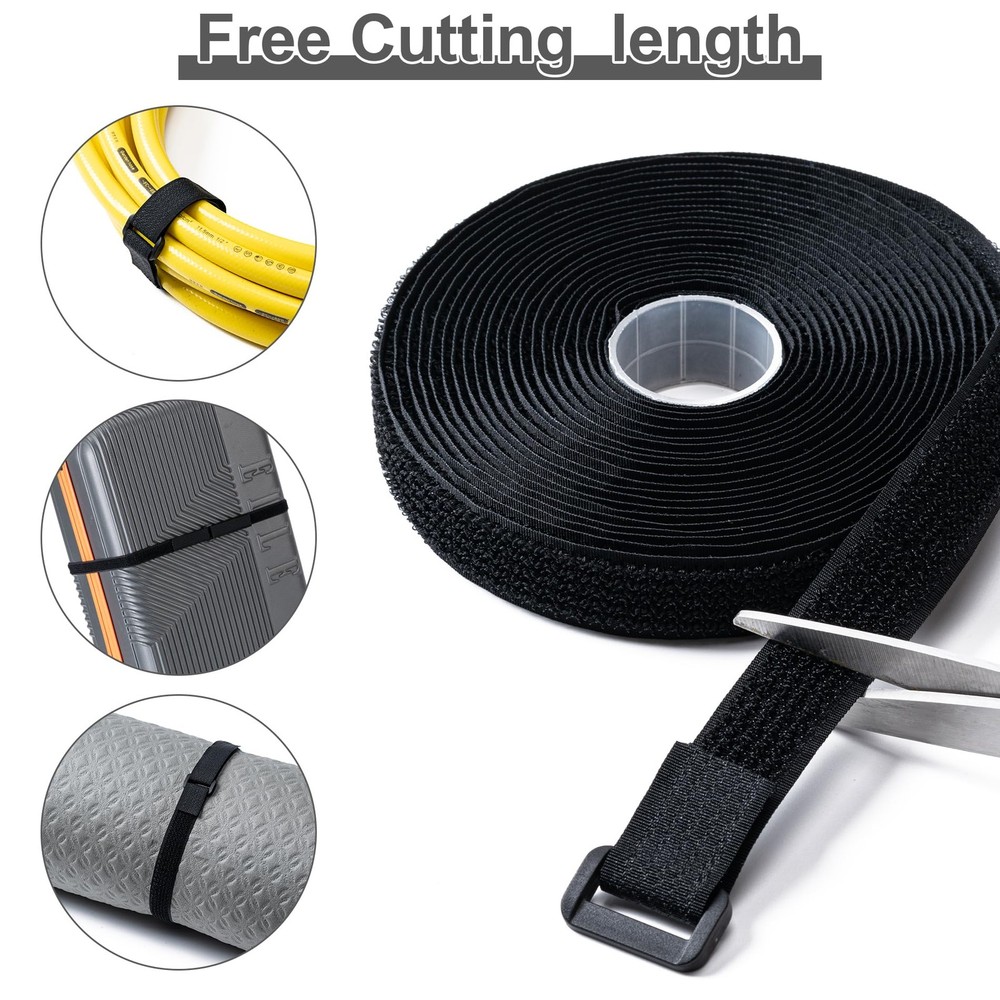 0.8in x 16ft Hook Loop Straps, 25 Plastic Buckles - Reusable Cable Ties Black