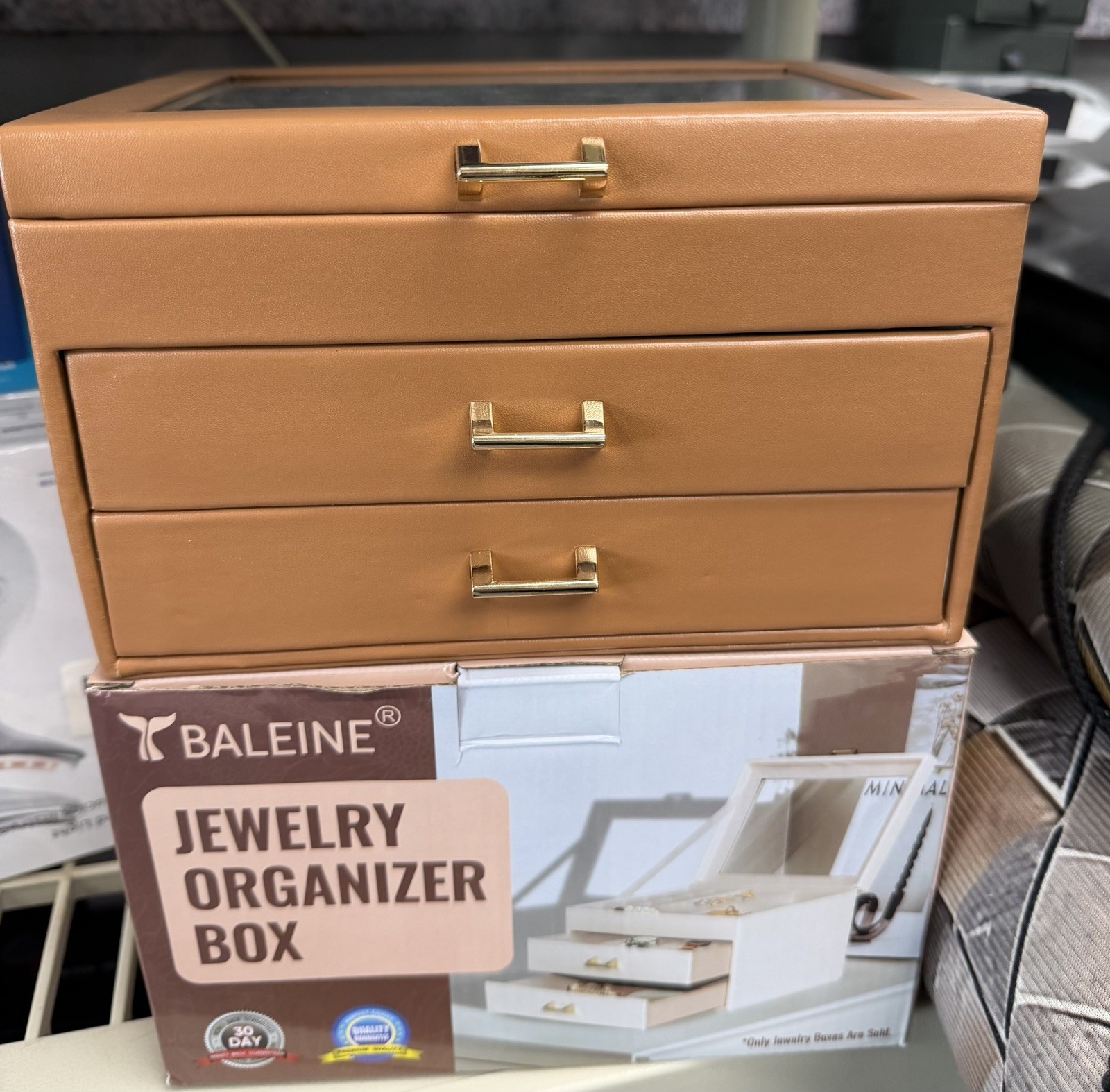 Leather Jewelry Box Organizer with Glass Lid, 3 Drawer Jewelry Storage Case