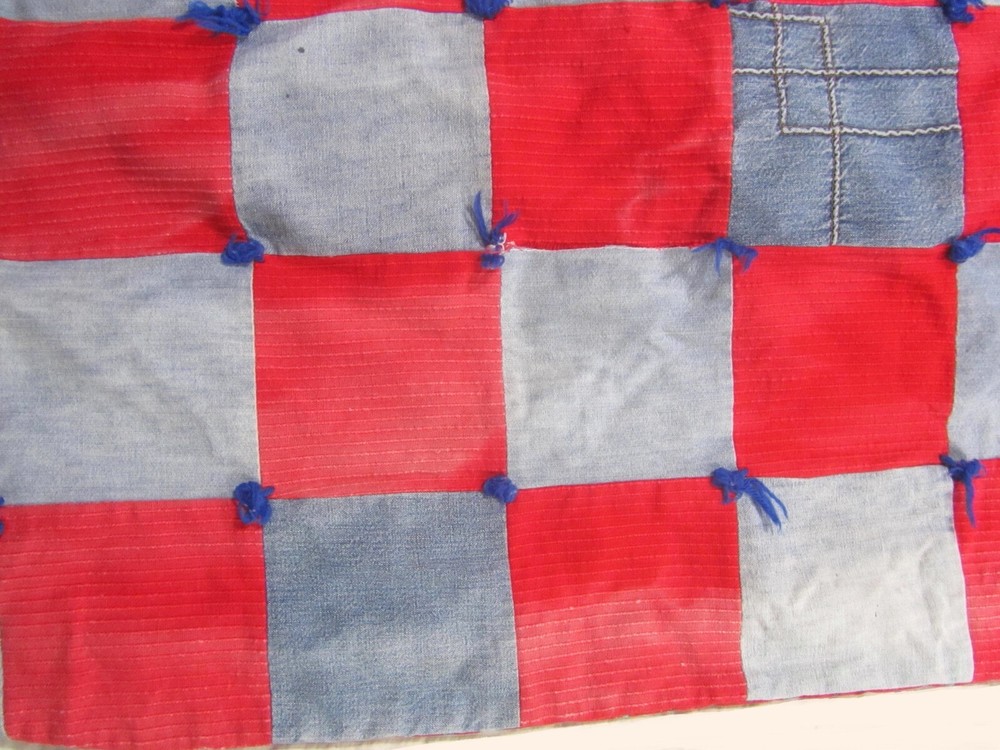 VTG Patchwork Denim Jean Comforter Quilt FULL 73”x 62” Blanket Red Blue Patch