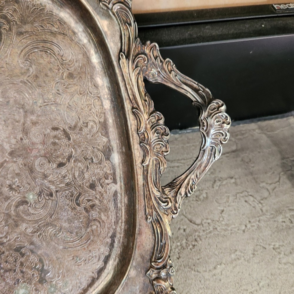 Antique SILVER PLATE 23" LONG RECTANGULAR FOOTED TRAY WITH HANDLES Heavy