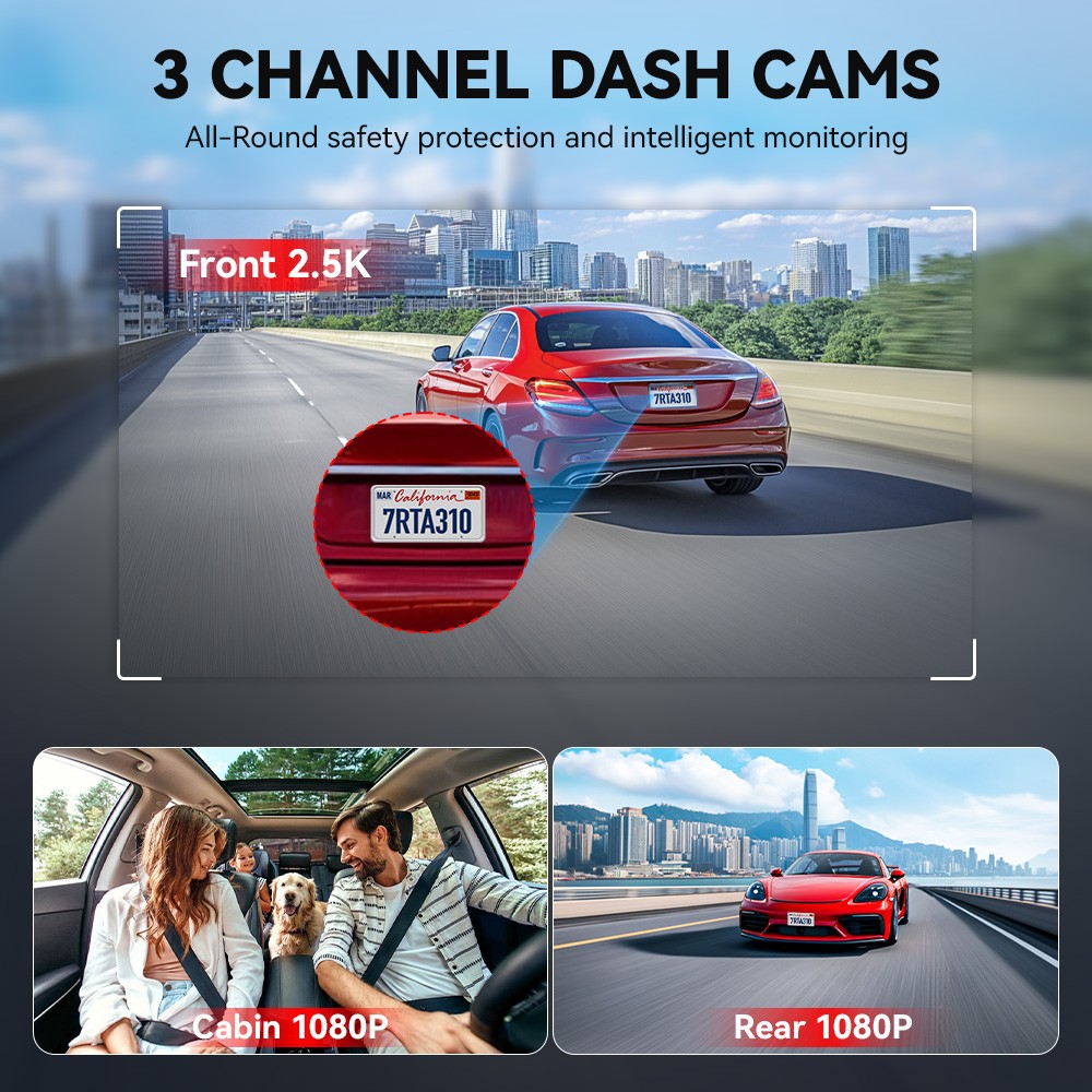 REDTIGER A3 3 Channel Dash Camera With 128GB+32GB Card 2.5K+1080P+1080P IRCamera