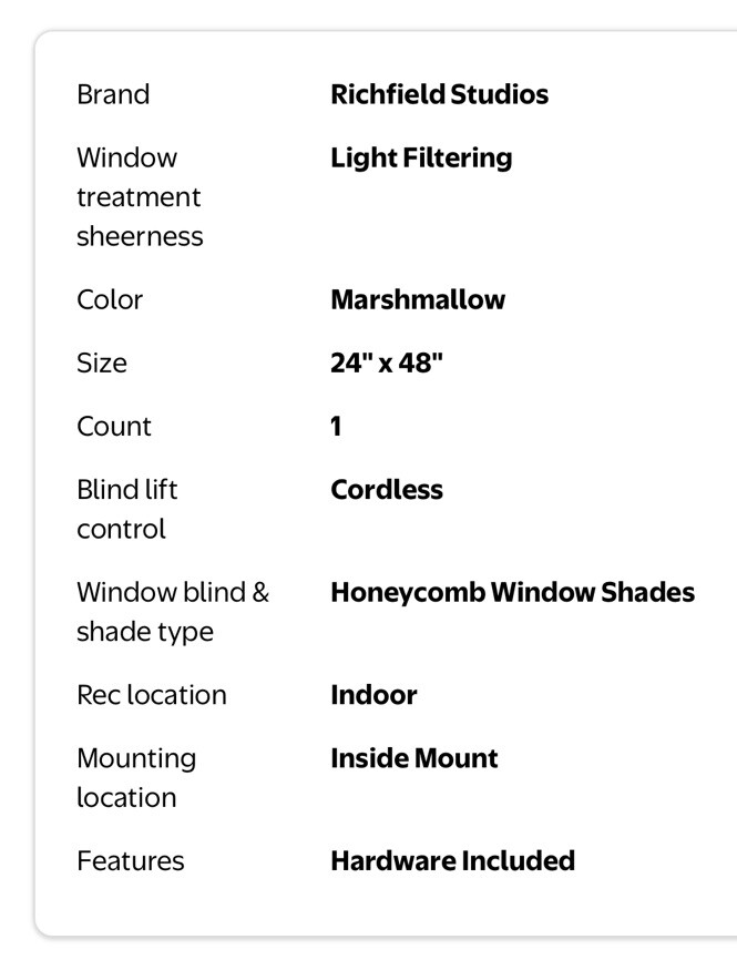 Richfield Studios 24”x48” Cordless Light Filtering Cellular Shade, Marshmallow