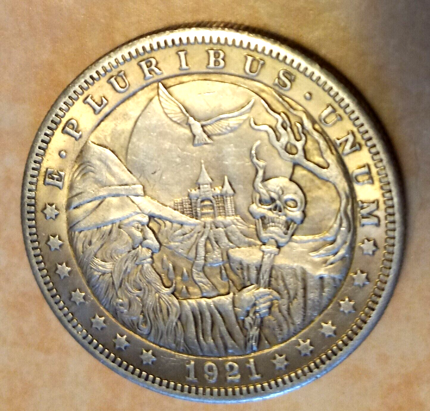 Creepy WIZARD With Skull & Castle Coin Token Dollar size Nice details Horror