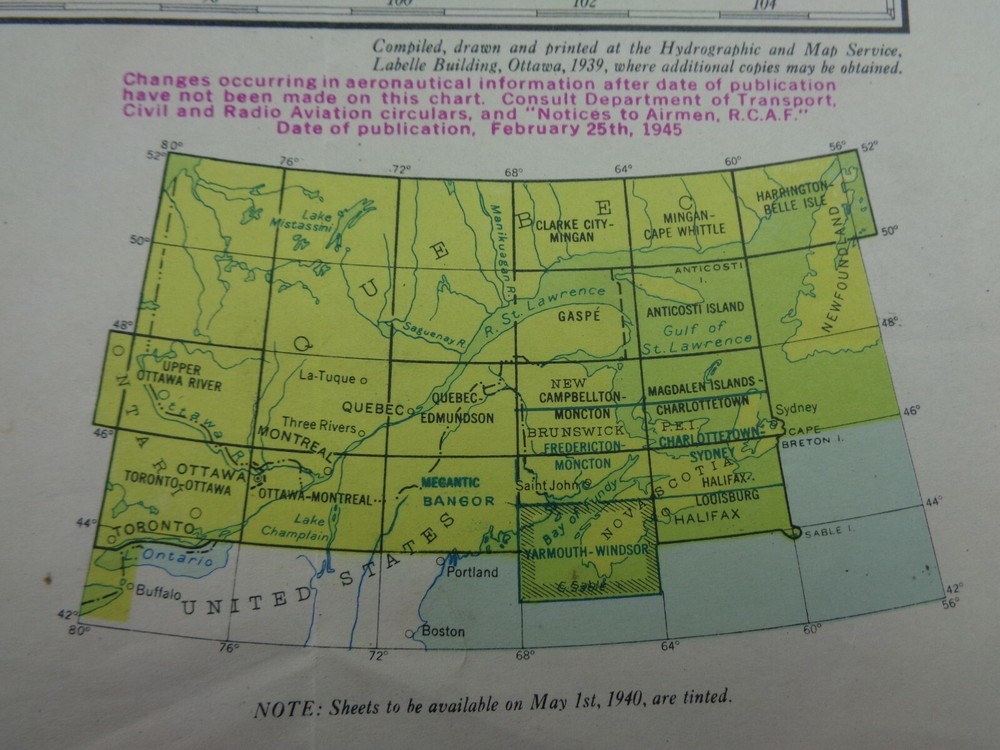 WW2 (1945) "RESTRICTED" RCAF Map "ACTIVE AIR DEFENCE ZONE - OFFICIAL USE ONLY"