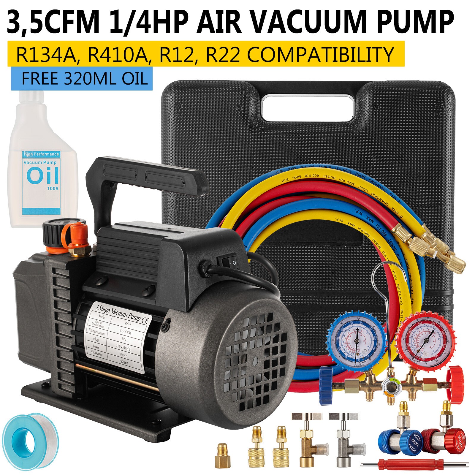 Combo 3.5 CFM 1/4HP Air Vacuum Pump HVAC + R134A Kit AC A/C Manifold Gauge Set