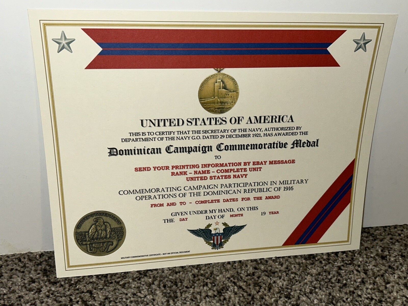 DOMINICAN CAMPAIGN (NAVY) COMMEMORATIVE MEDAL CERTIFICATE ~ W/PRINTING TYPE-1