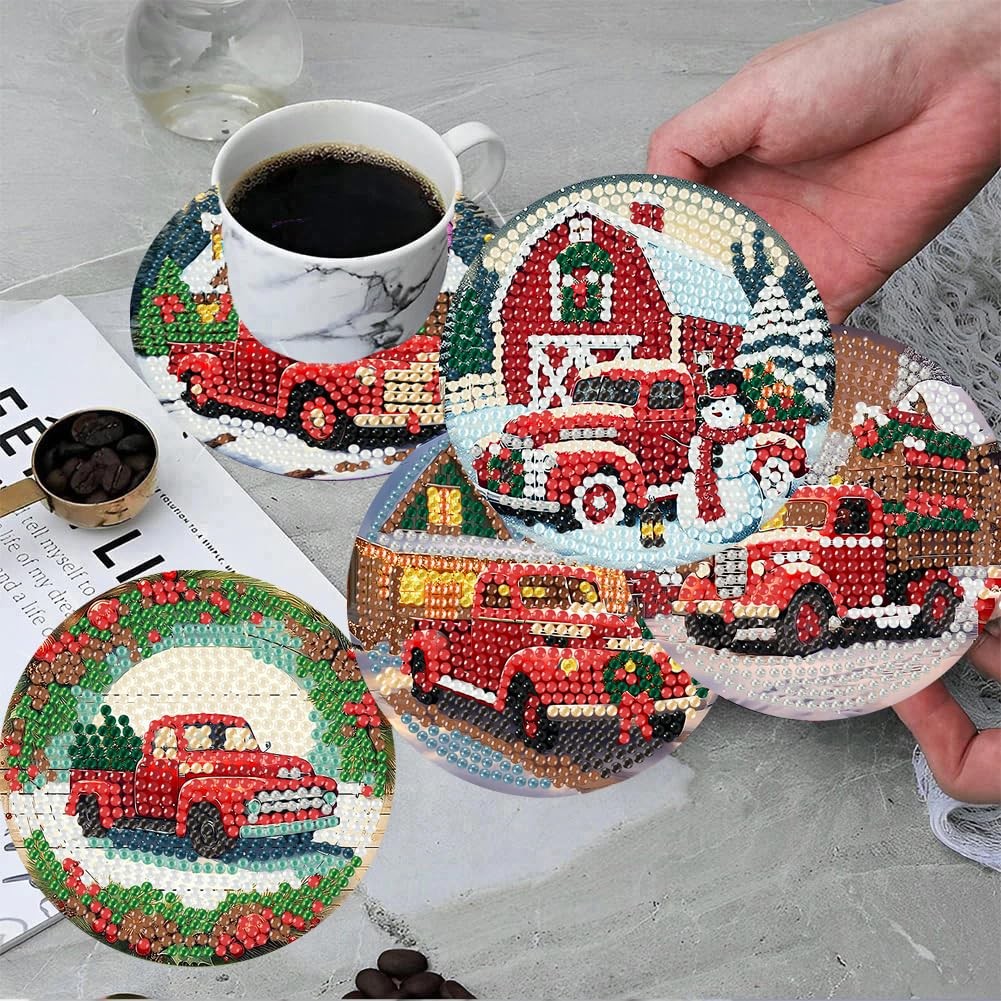 ijbnhd 8 PCS Christmas Diamond Art Coasters Kit, 4X4X0.1, Truck