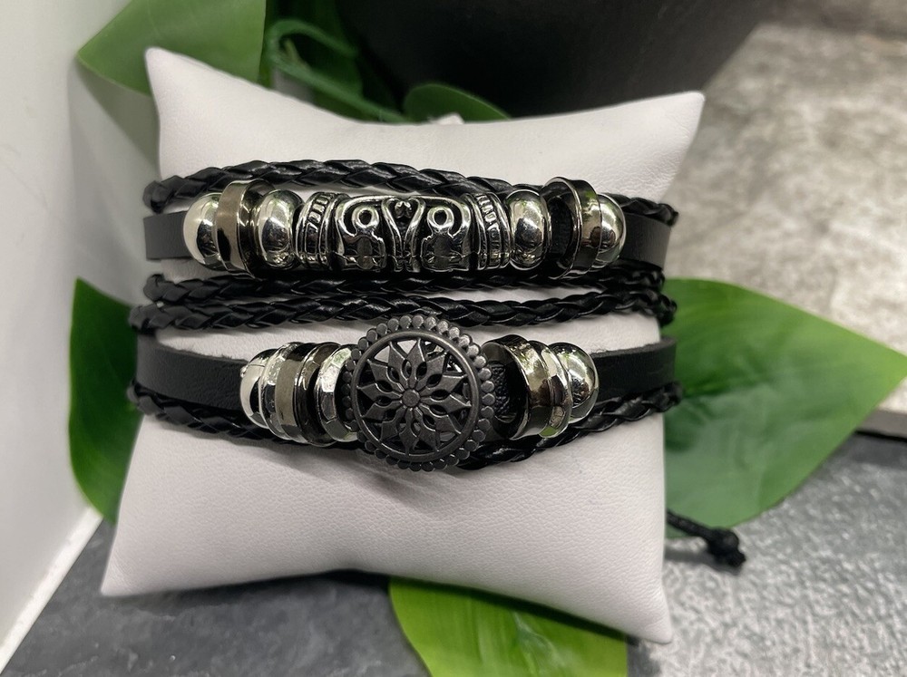 2 PC Leather Bracelet  Stackable Adjustable Tie Free Ship  B3274