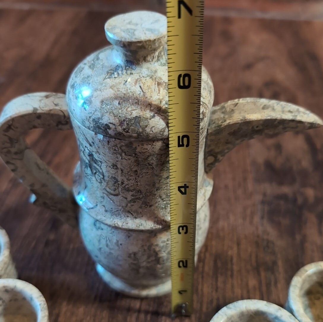 Vtg Marble Stone Tea Set: Pot + Six Cups Gray Brown Marble Patchwork