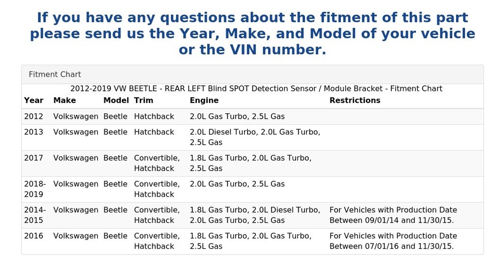 2012-2019 VW BEETLE - REAR LEFT Blind SPOT Detection Sensor / Module Bracket