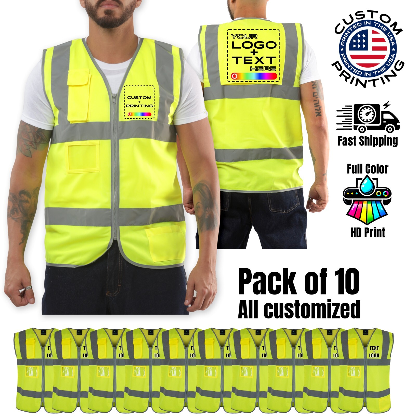 Pack of 10 Custom Hi-Vis Safety Vests – Full-Color Personalized Print