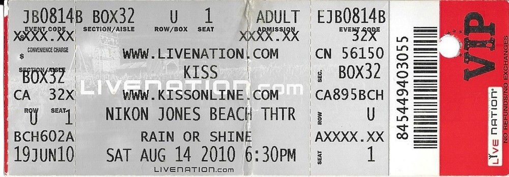 KISS  Original  Concert Ticket   2010 Jones Beach Long Island NY