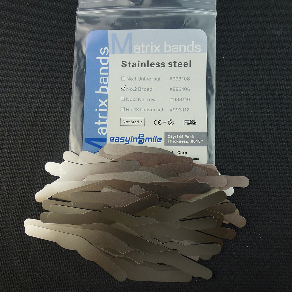 144X EASYINSMILE Dental Tofflemire Stainless Steel Matrix Bands0.015'0.04mm #1-4