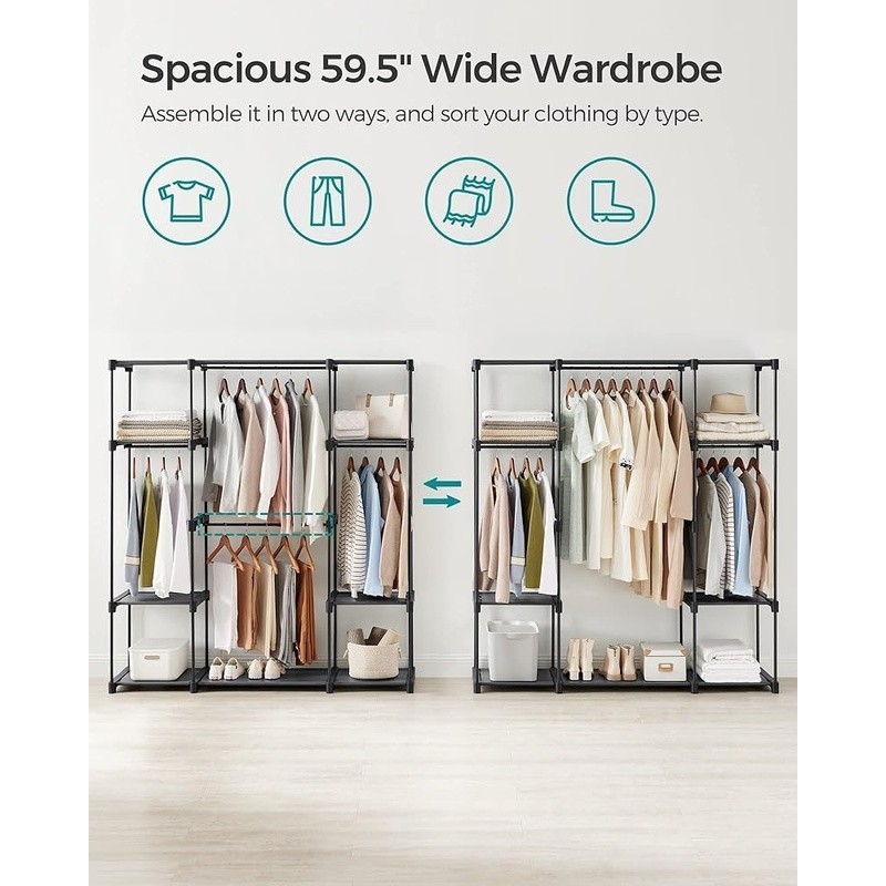 Clothes Rack Wardrobe Organizer Tool-Free Anti-Tip Storage Solution Freestanding