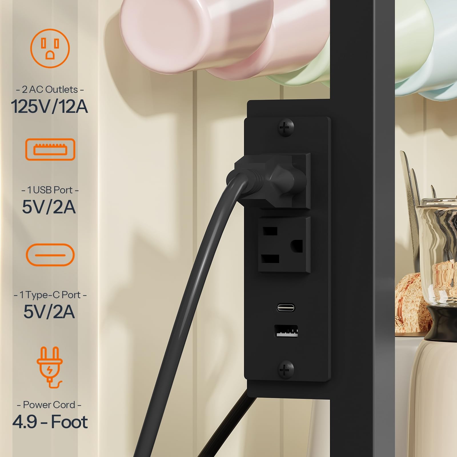 Bakers Rack with Trash Can Bin Cabinet, 6-Tier Microwave Stand with LED Stripe