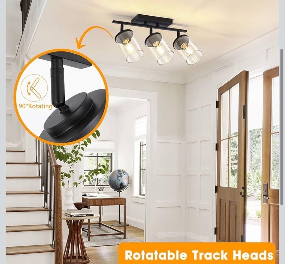 3-Lights Semi Flush Mount Ceiling Light, Adjustable, Clear Glass Shades Black