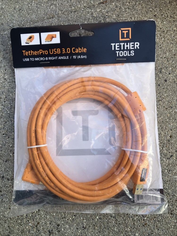 Used Tether Tools TetherPro USB to 3.0 Micro-B Right Angle Cable, 15', Orange