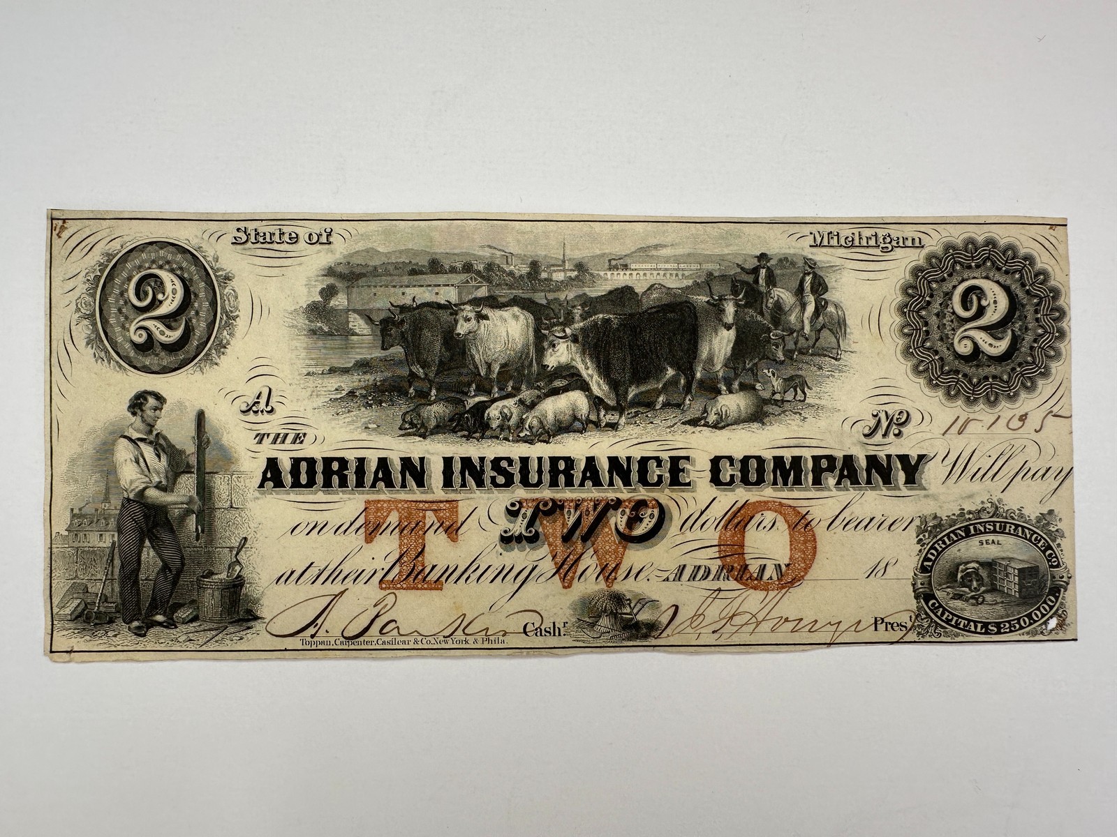 1853 $2 Adrian Insurance Company Michigan Obsolete Bank Note Two Dollars Bill MI