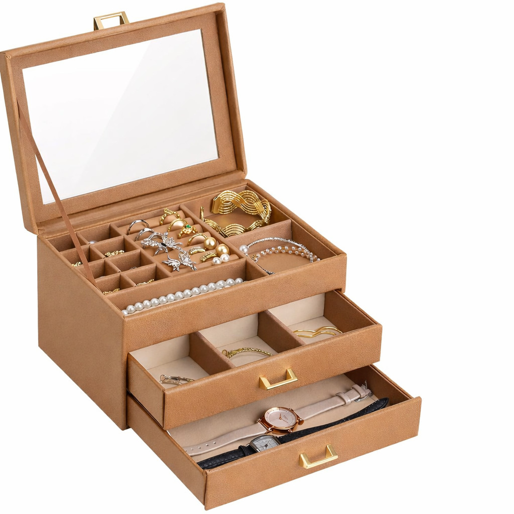 Leather Jewelry Box Organizer with Glass Lid, 3 Drawer Jewelry Storage Case