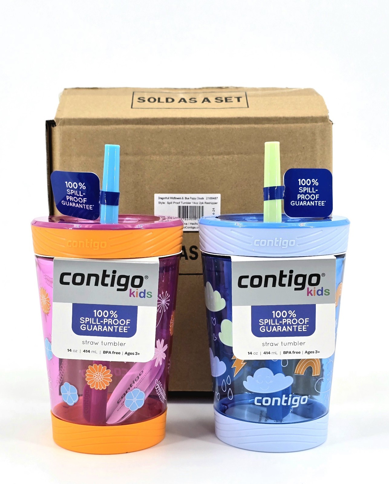 Contigo Tumbler w/Straw 14oz 2 Pack, Dragonfruit Wildflowers & Blue Poppy Cloud