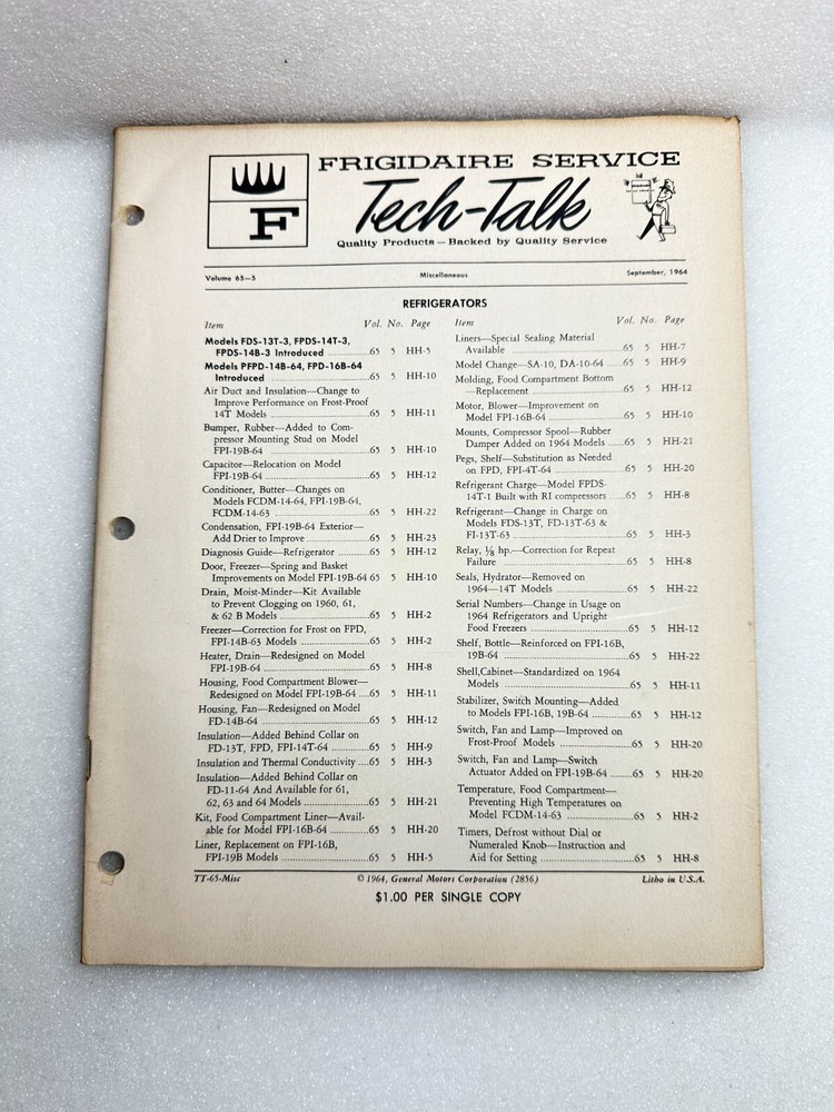 FRIGIDAIRE TECH-TALK MANUAL Misc. Vol. 65 # 5