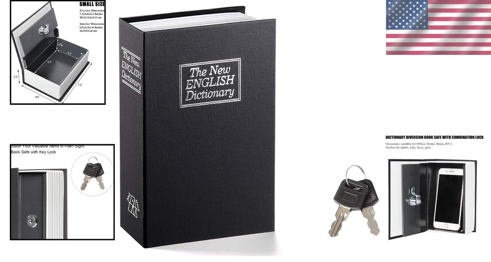 Compact Metal Book Safe: Secure Key Lock Box Hidden Inside a Classic Dictionary