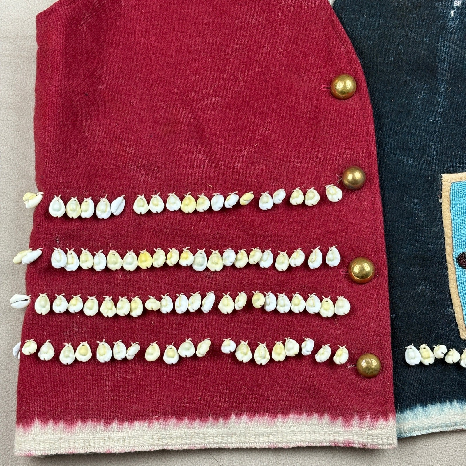 Antique Native American Wool Vest w Old Beaded Detail Cloth Lining Conch Shells